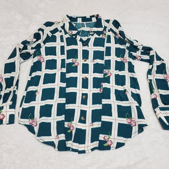 Free People Window to my‎ Heart Green Cream Plaid Floral Romantic Flowy Blouse S - Picture 1 of 7